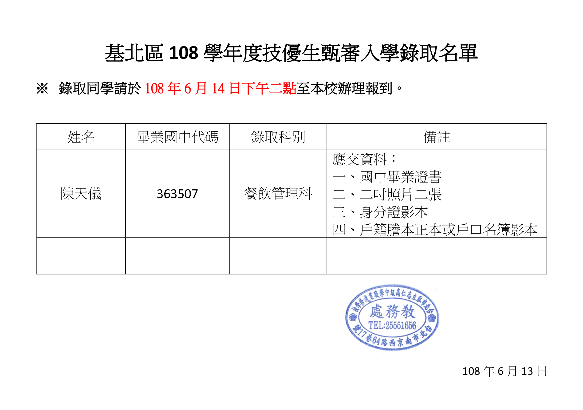 志仁高中基北區108學年度技優生甄審入學錄取名單